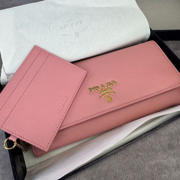 PRADA Saffiano Metal Continental Flap Wallet Orchidea with Small Chain Wallet - Picture 15 of 16